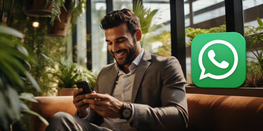 Homem utilizando o WhatsApp no celular em ambiente profissional, representando o uso do link de divulgação do WhatsApp para atendimento e vendas online