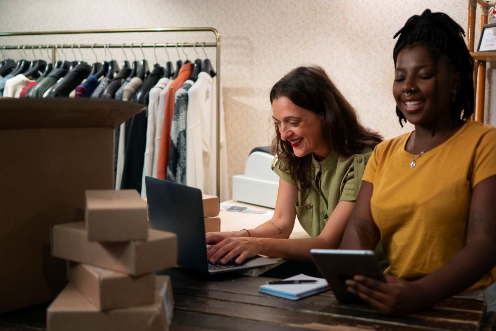 Duas mulheres gerenciando sua loja, aproveitando a integração com Amazon Ads para aumentar a visibilidade dos seus produtos no marketplace.