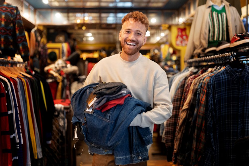 Lojista sorrindo enquanto segura roupas, representando o sucesso de vender na Dafiti com uma loja bem organizada