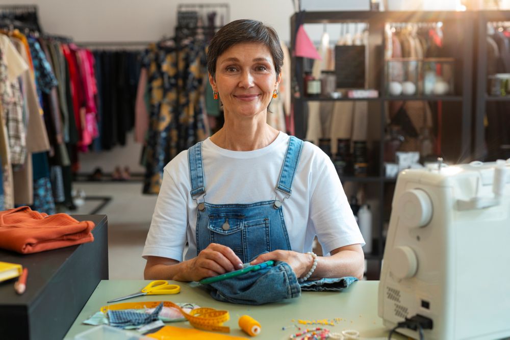 Mulher sorrindo em sua loja de roupas, simbolizando o processo de vender na Shein e criar uma loja de sucesso no marketplace.