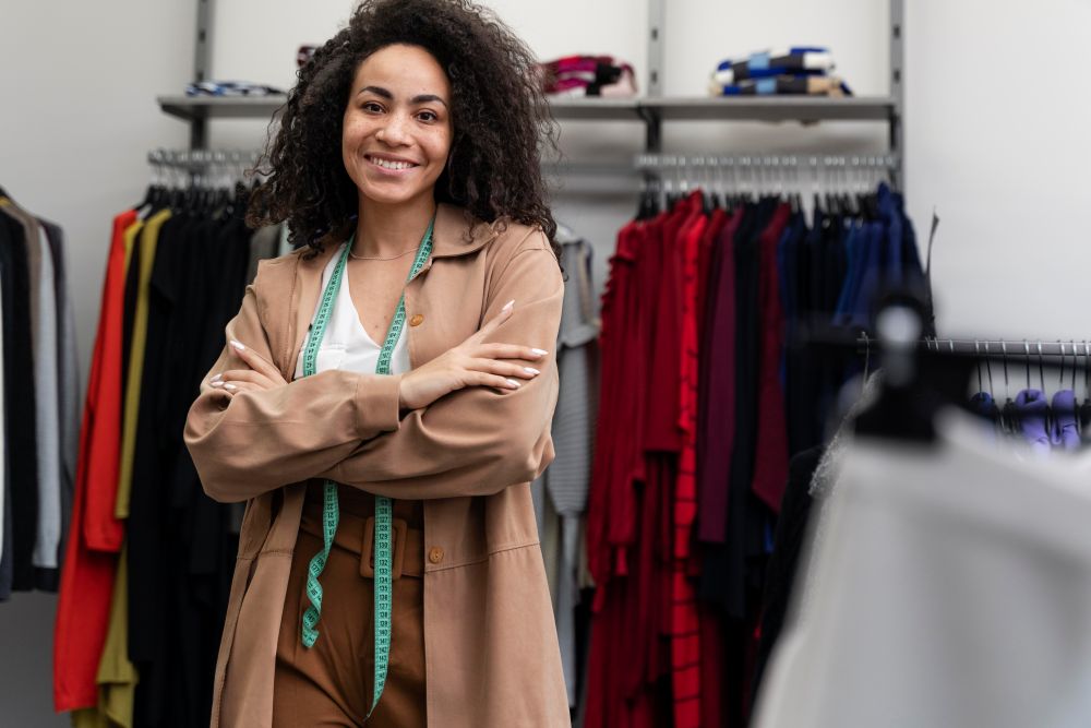 Mulher empreendedora em sua loja de roupas, simbolizando o processo de vender produtos com dropshipping na Amazon, sem precisar de estoque físico.