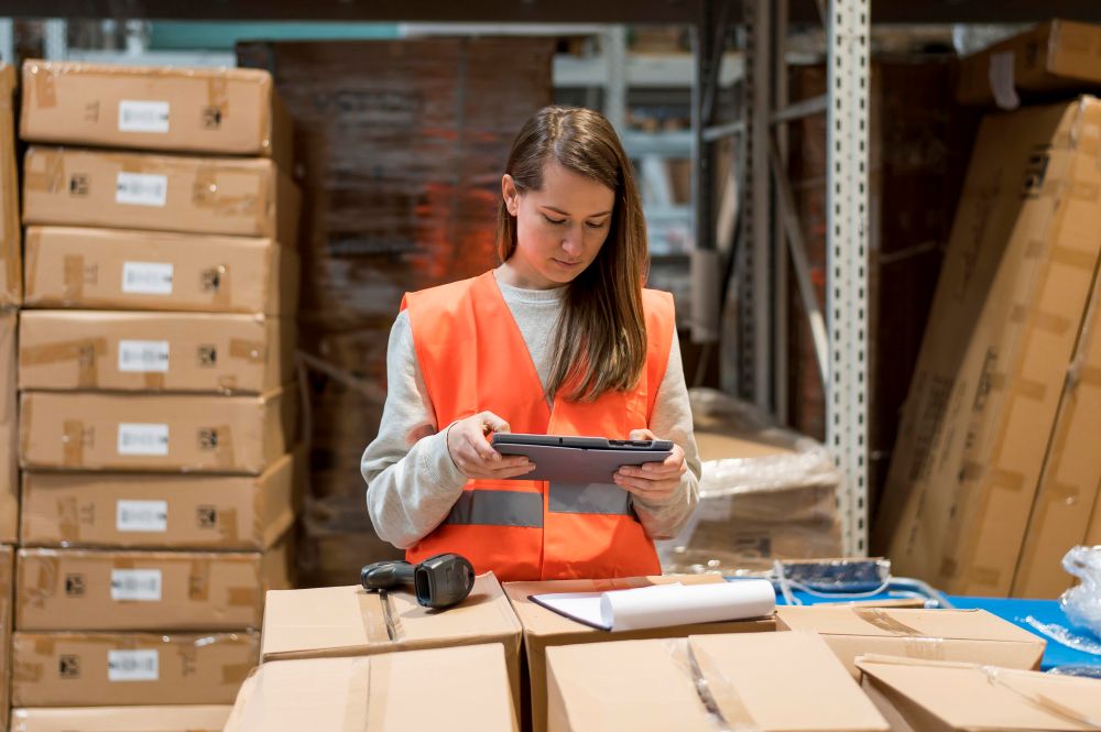 Profissional em centro de distribuição analisando pedidos em tablet — o que é canal de distribuição?