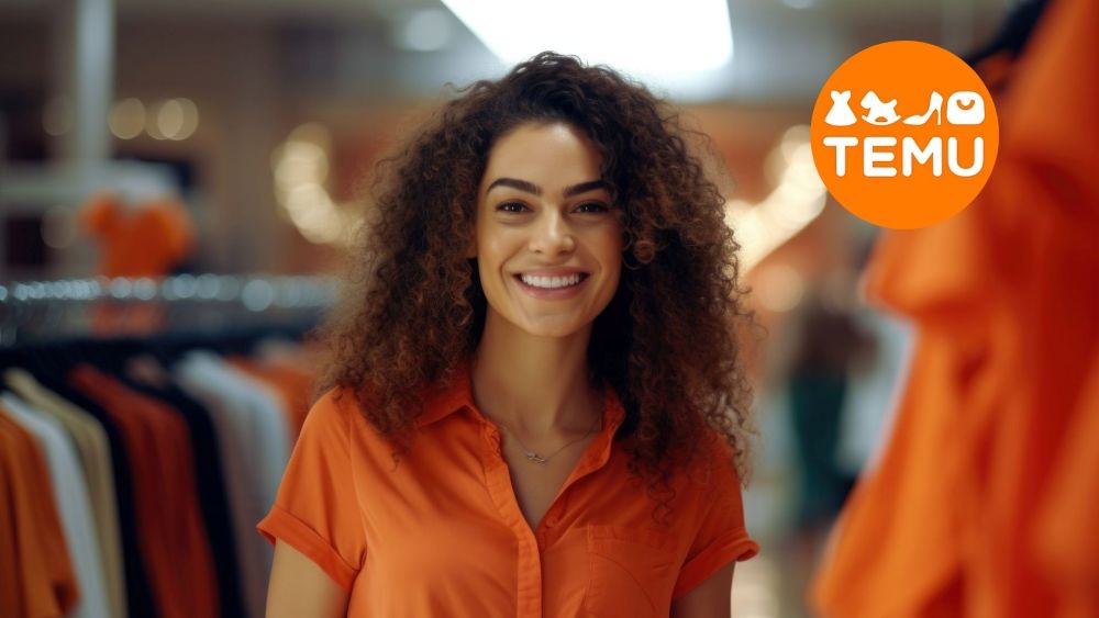 Mulher sorridente em loja de roupas com uniforme laranja, representando empreendedora vendendo na Temu marketplace