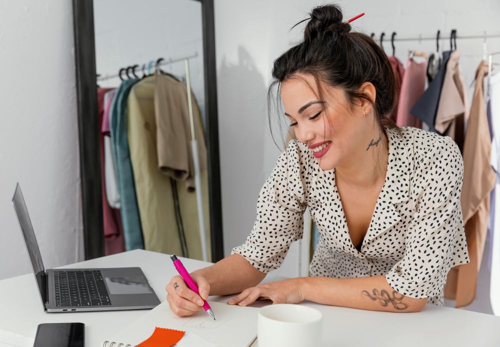 Empreendedora escolhendo nome para loja virtual enquanto trabalha no notebook, com roupas em exposição ao fundo, representando planejamento de e-commerce.