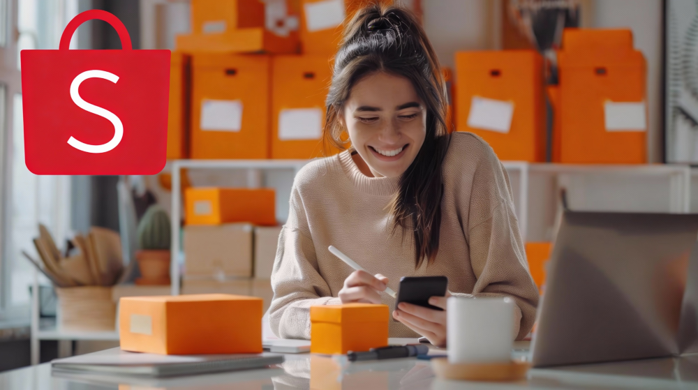 Empreendedora organizando pedidos e vendendo produtos na Shopee, com caixas de envio ao fundo, representando e-commerce e marketplace.